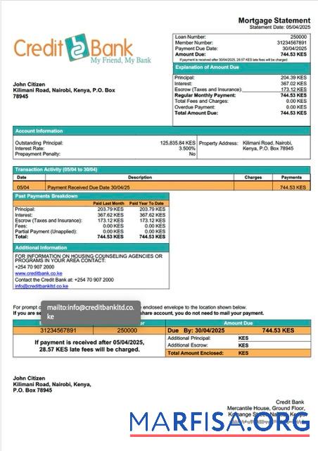 Realistic Kenya Credit Bank mortgage statement Word and PDF template